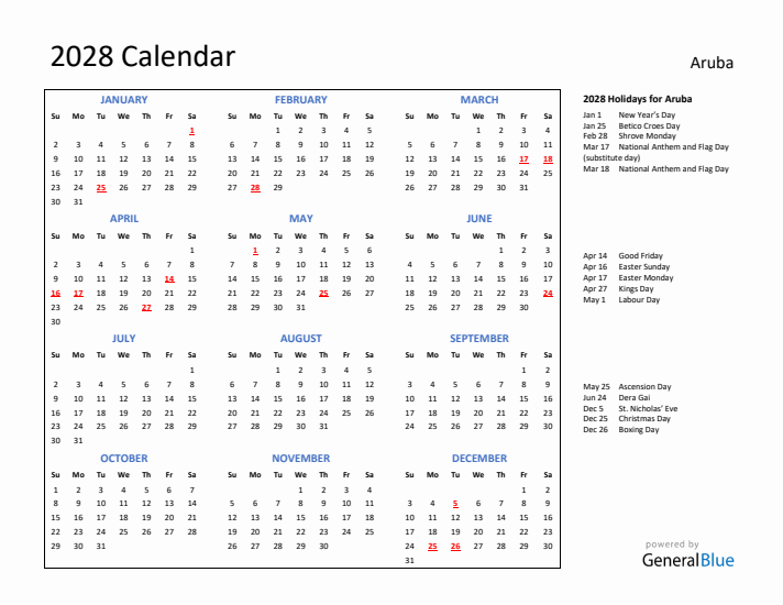 2028 Calendar with Holidays for Aruba