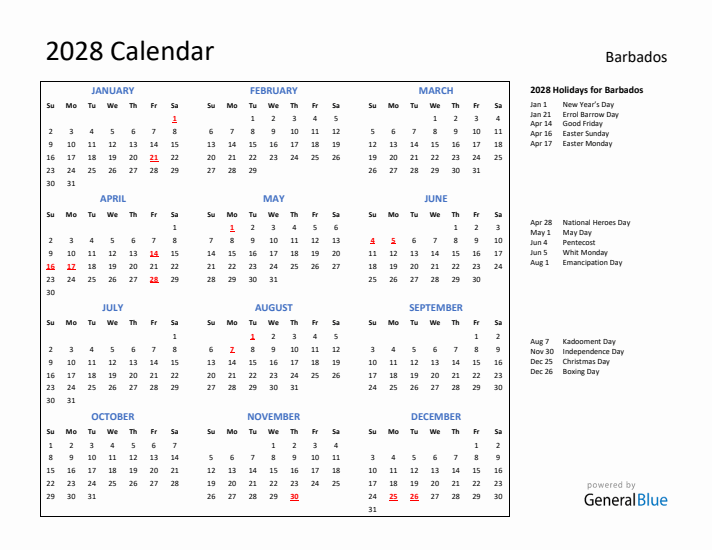 2028 Calendar with Holidays for Barbados