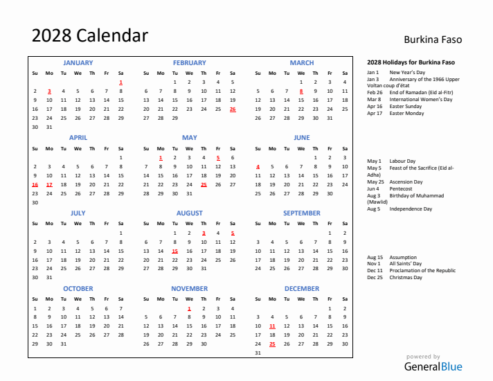 2028 Calendar with Holidays for Burkina Faso