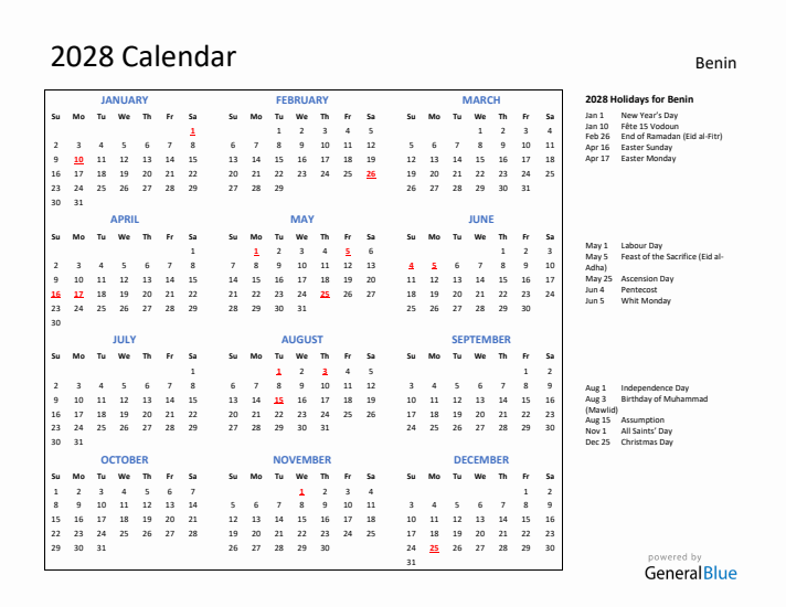 2028 Calendar with Holidays for Benin