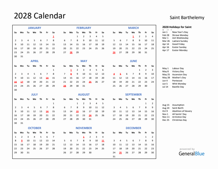 2028 Calendar with Holidays for Saint Barthelemy