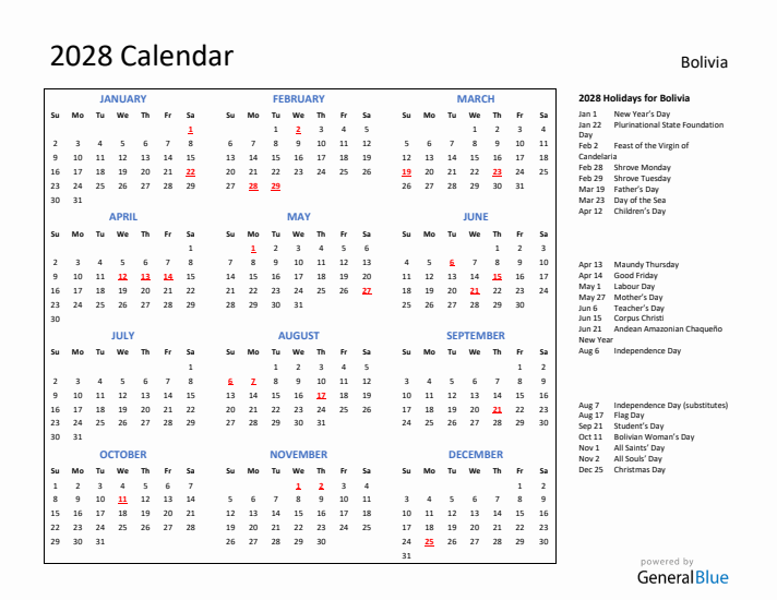 2028 Calendar with Holidays for Bolivia