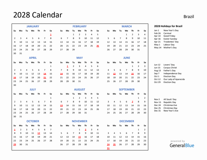 2028 Calendar with Holidays for Brazil