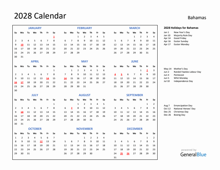 2028 Calendar with Holidays for Bahamas