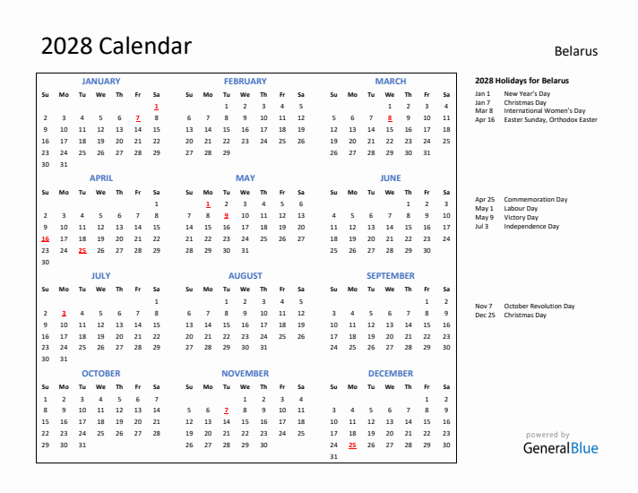 2028 Calendar with Holidays for Belarus