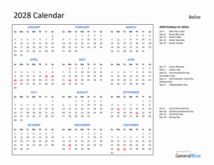 2028 Calendar with Holidays for Belize