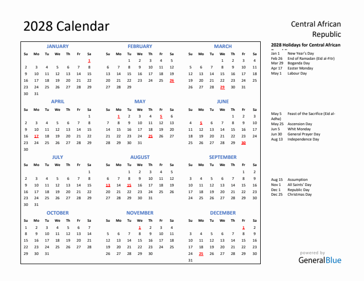 2028 Calendar with Holidays for Central African Republic