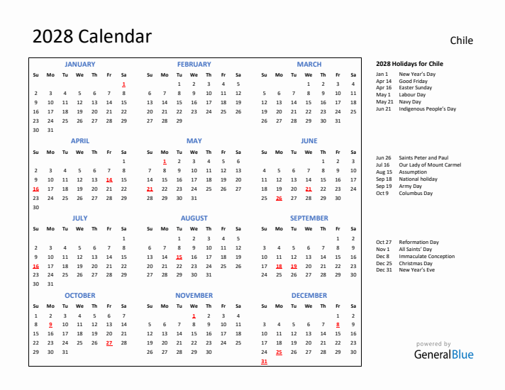 2028 Calendar with Holidays for Chile