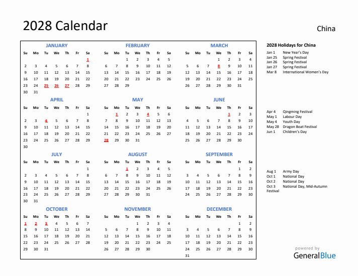 2028 Calendar with Holidays for China