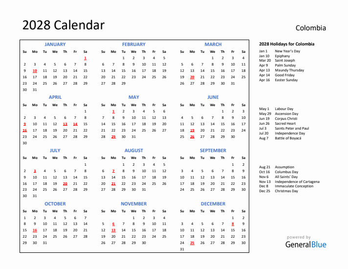 2028 Calendar with Holidays for Colombia