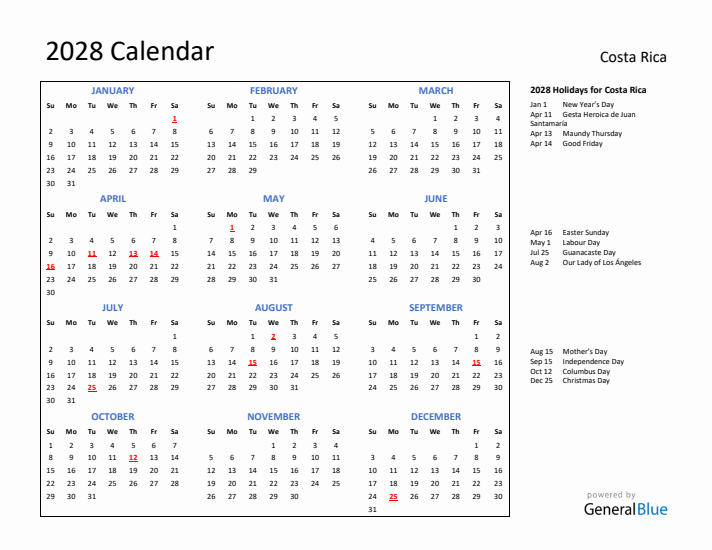 2028 Calendar with Holidays for Costa Rica