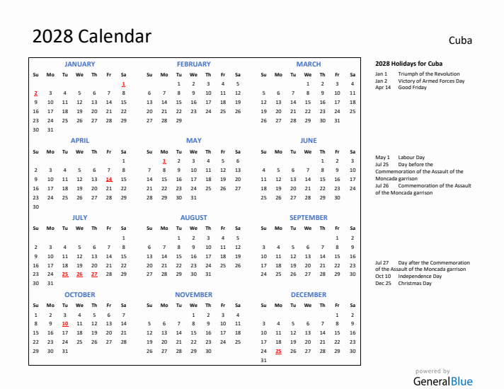 2028 Calendar with Holidays for Cuba