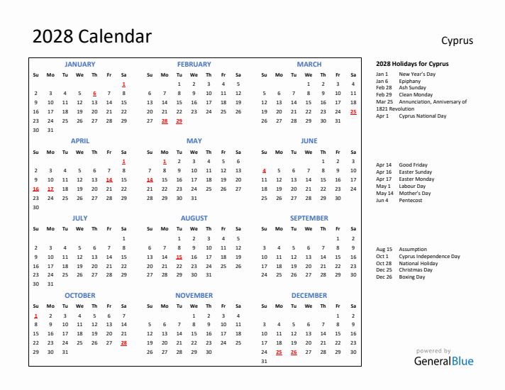 2028 Calendar with Holidays for Cyprus