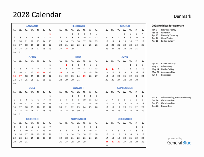 2028 Calendar with Holidays for Denmark