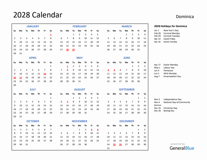 2028 Calendar with Holidays for Dominica