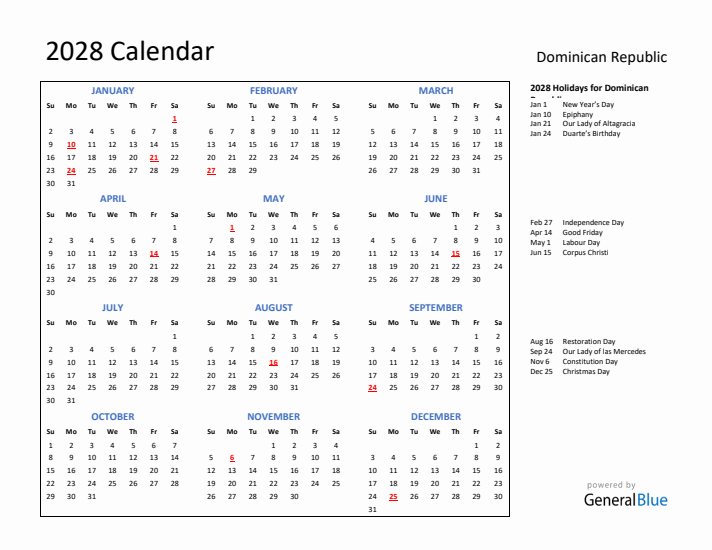 2028 Calendar with Holidays for Dominican Republic