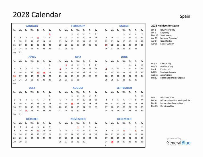 2028 Calendar with Holidays for Spain