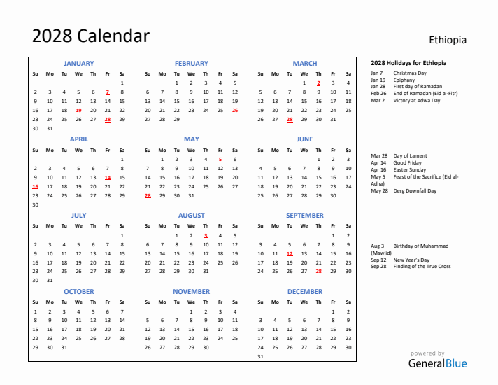 2028 Calendar with Holidays for Ethiopia