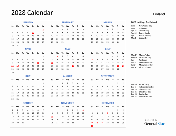 2028 Calendar with Holidays for Finland
