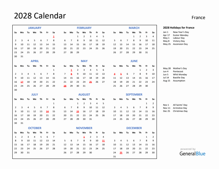 2028 Calendar with Holidays for France