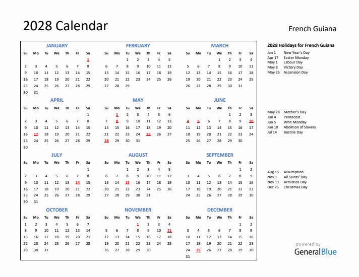 2028 Calendar with Holidays for French Guiana