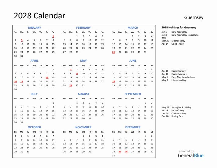 2028 Calendar with Holidays for Guernsey