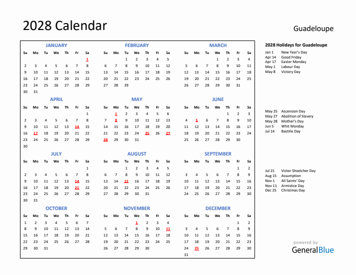 2028 Calendar with Holidays for Guadeloupe