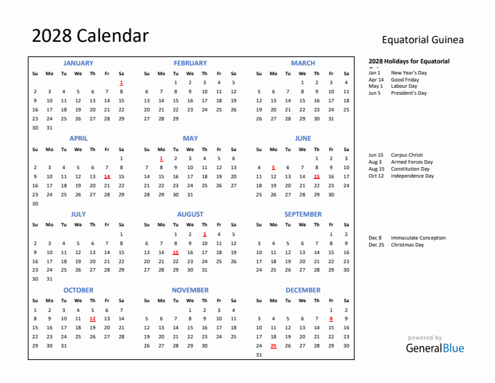 2028 Calendar with Holidays for Equatorial Guinea