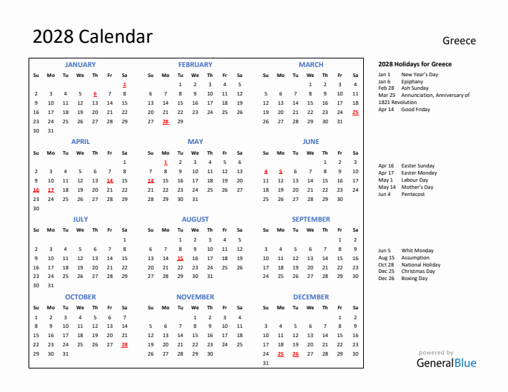 2028 Calendar with Holidays for Greece