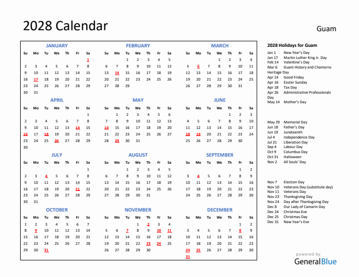 2028 Calendar with Holidays for Guam