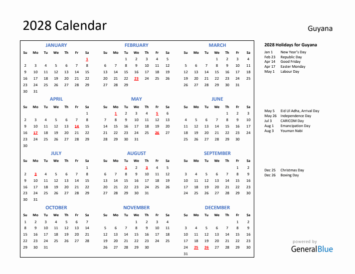 2028 Calendar with Holidays for Guyana