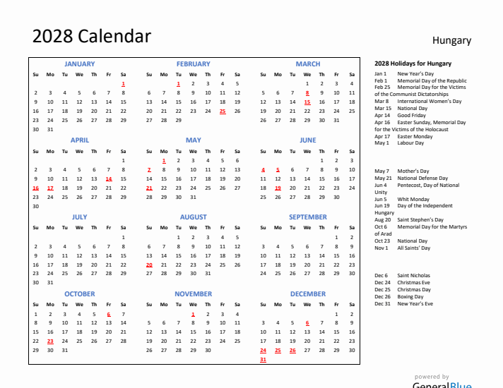 2028 Calendar with Holidays for Hungary