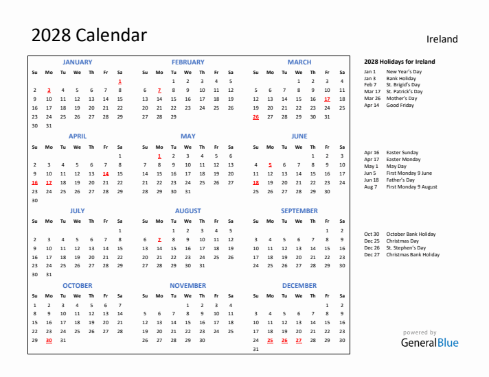 2028 Calendar with Holidays for Ireland