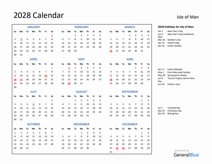 2028 Calendar with Holidays for Isle of Man