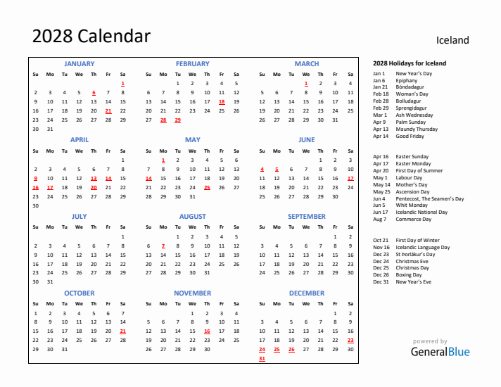 2028 Calendar with Holidays for Iceland
