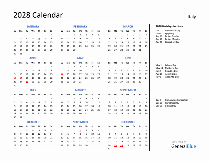 2028 Calendar with Holidays for Italy