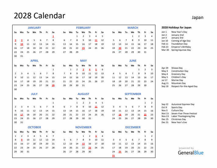 2028 Calendar with Holidays for Japan
