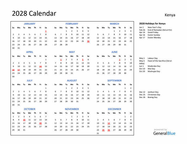 2028 Calendar with Holidays for Kenya