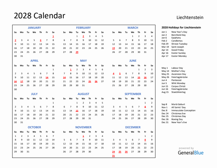 2028 Calendar with Holidays for Liechtenstein