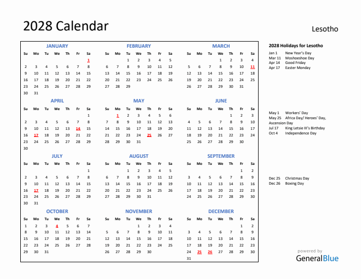 2028 Calendar with Holidays for Lesotho