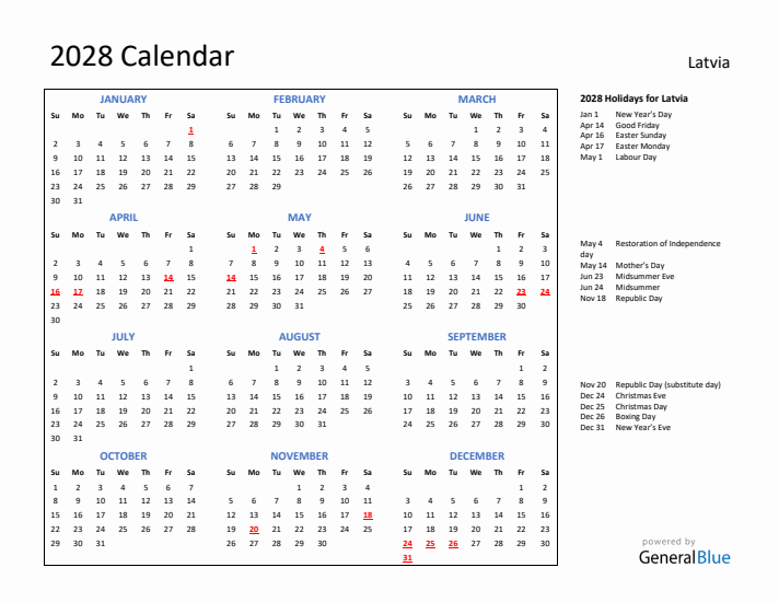 2028 Calendar with Holidays for Latvia
