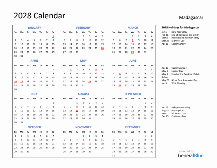 2028 Calendar with Holidays for Madagascar