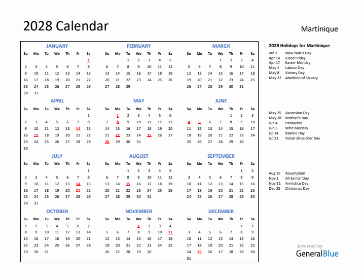 2028 Calendar with Holidays for Martinique