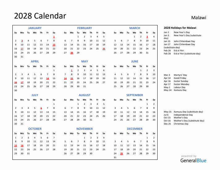 2028 Calendar with Holidays for Malawi