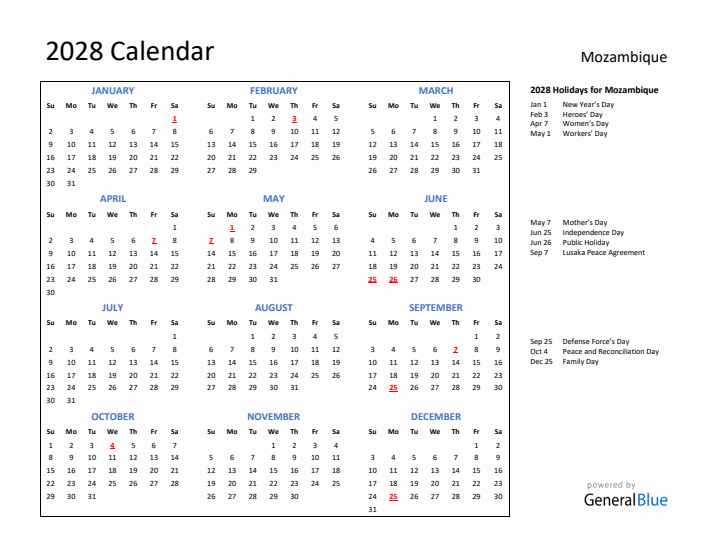 2028 Calendar with Holidays for Mozambique