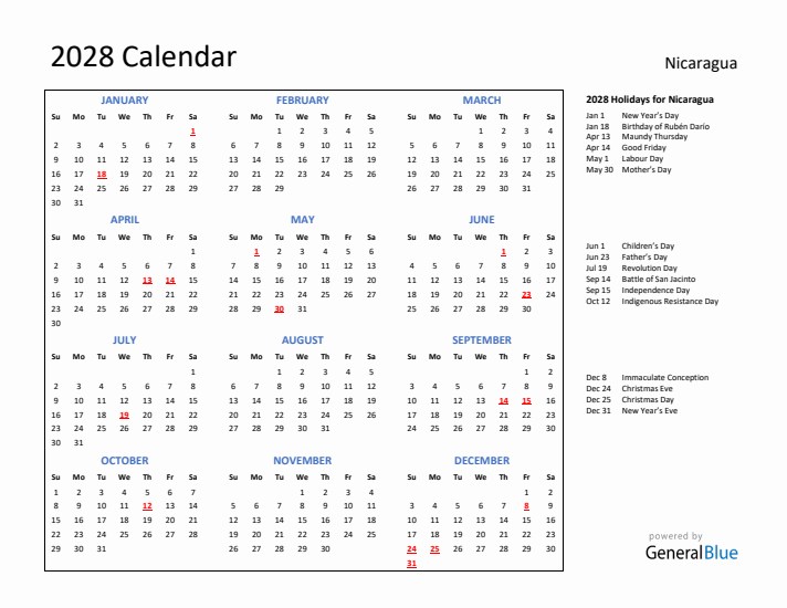 2028 Calendar with Holidays for Nicaragua
