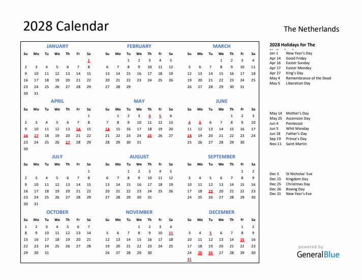 2028 Calendar with Holidays for The Netherlands
