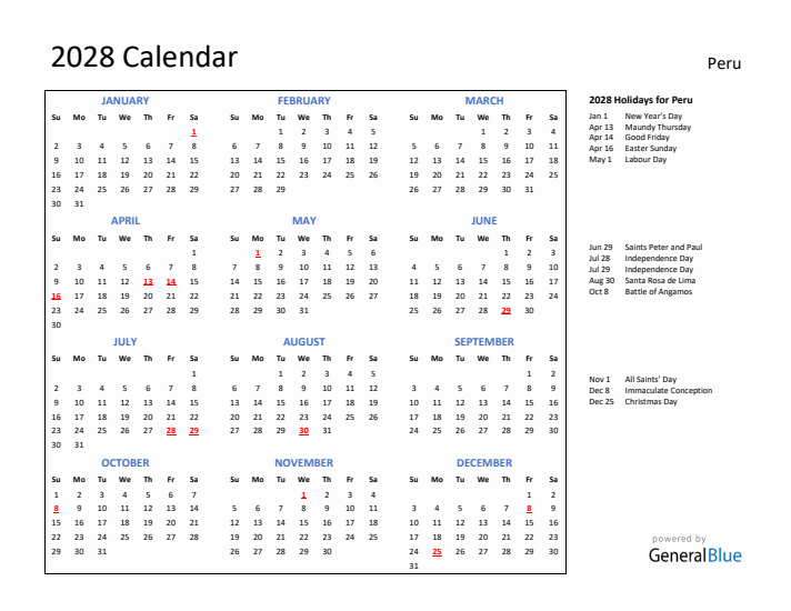 2028 Calendar with Holidays for Peru