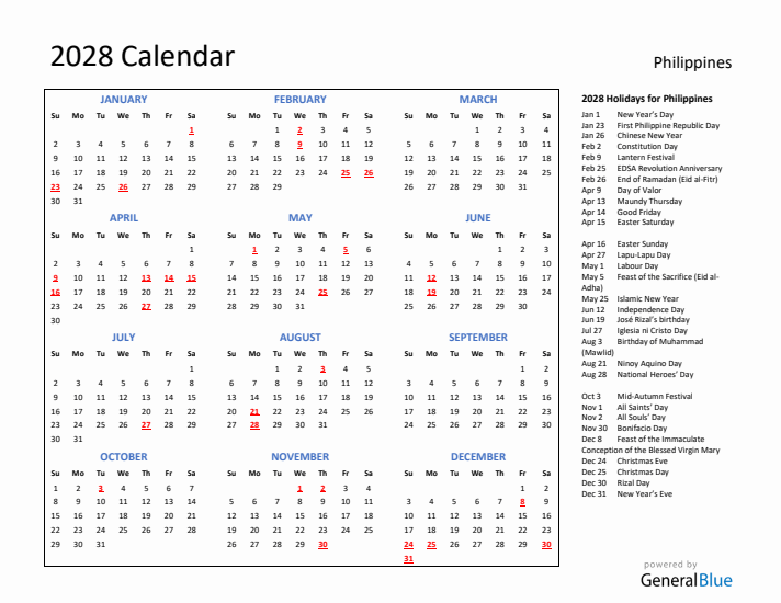 2028 Calendar with Holidays for Philippines