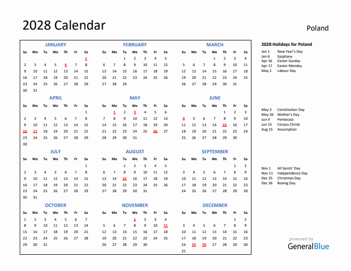 2028 Calendar with Holidays for Poland